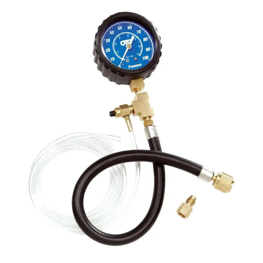 Fuel Pressure Test Kit With 0 To 100 PSI Gauge For Vehicle Diagnostics showing gauge, brass fittings, and hoses