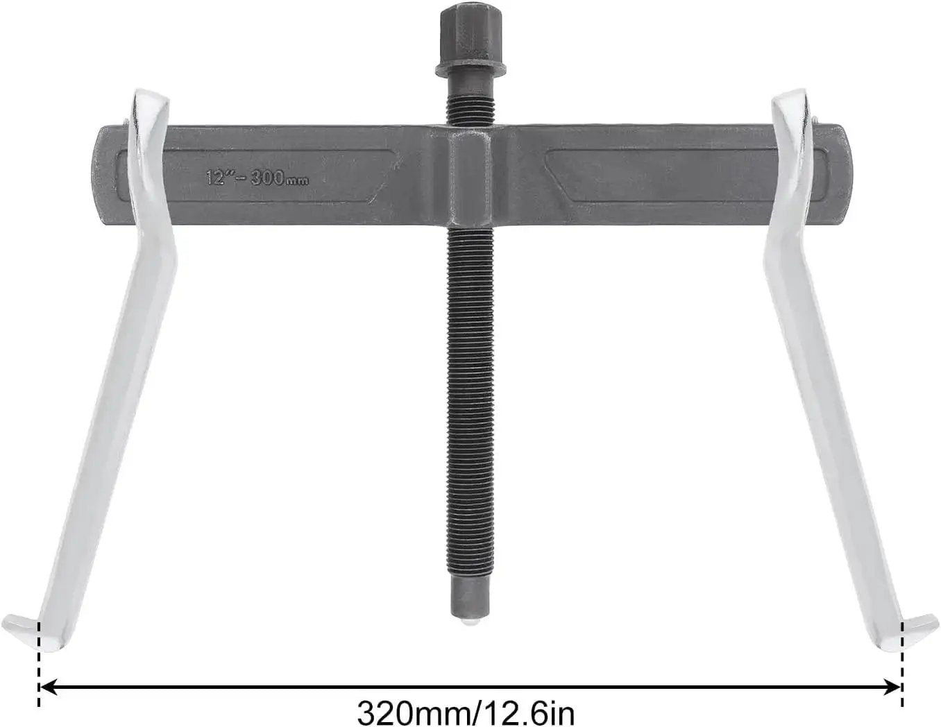 12 Inch Two Jaw Gear Puller With Adjustable Clamping Depth And Reversible Pulling Action displayed with measurement scale