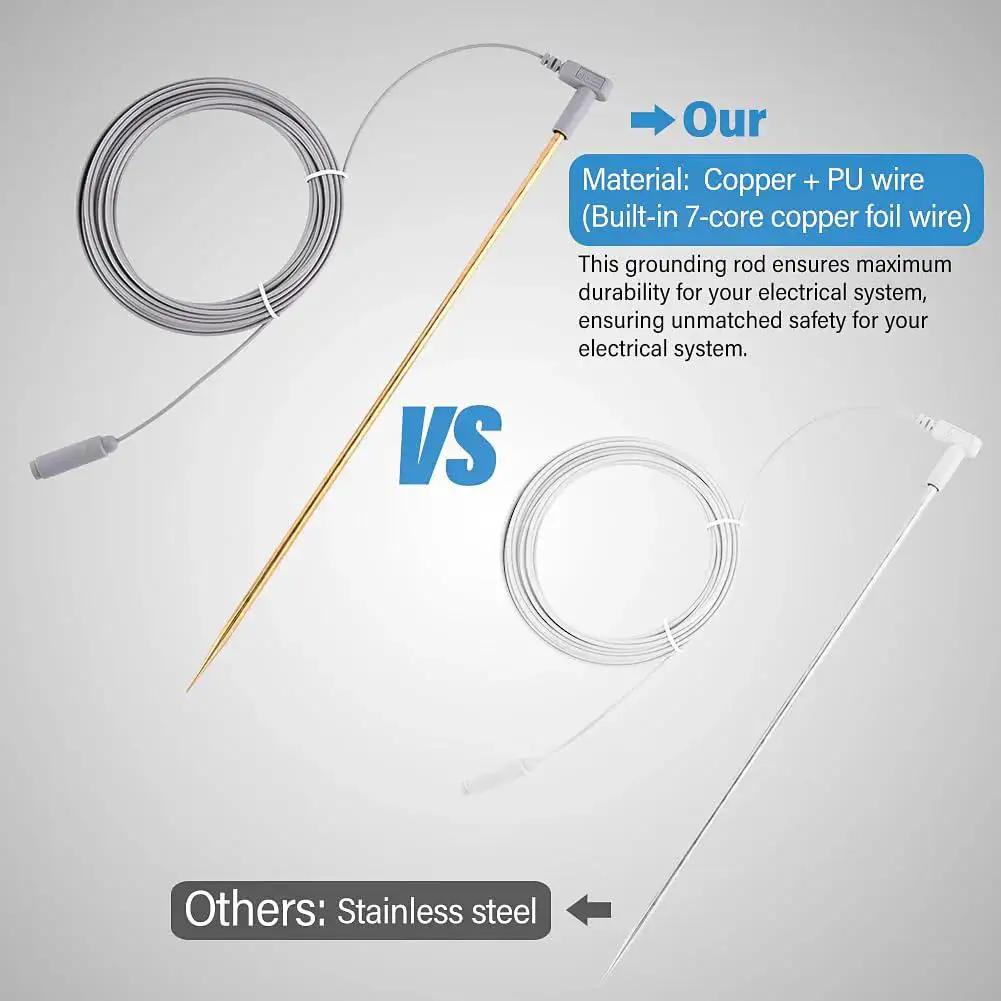 Comparison of copper grounding rod with 40ft wire for earthing and stainless steel, highlighting built-in 7-core copper foil wire.