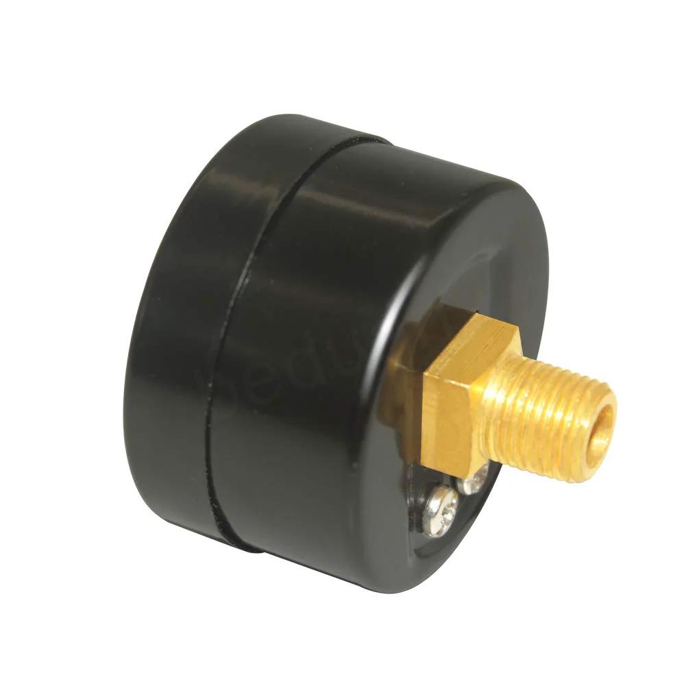 Side view of Rugged One And A Half Inch Dial Air Pressure Gauge For Air Compressors, 0 To 160 Psi Range, One Eighth Inch NPT Connection, Back Mount.