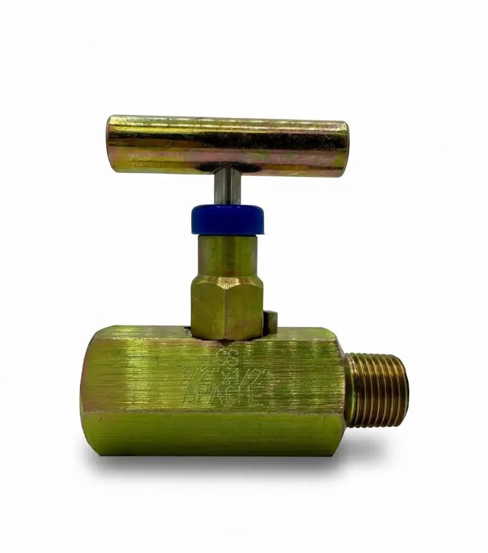 High Pressure Needle Valve One Half NPT Carbon Steel NACE Compliant MXF, 10,000 PSI, side view showing male connection for fluid control