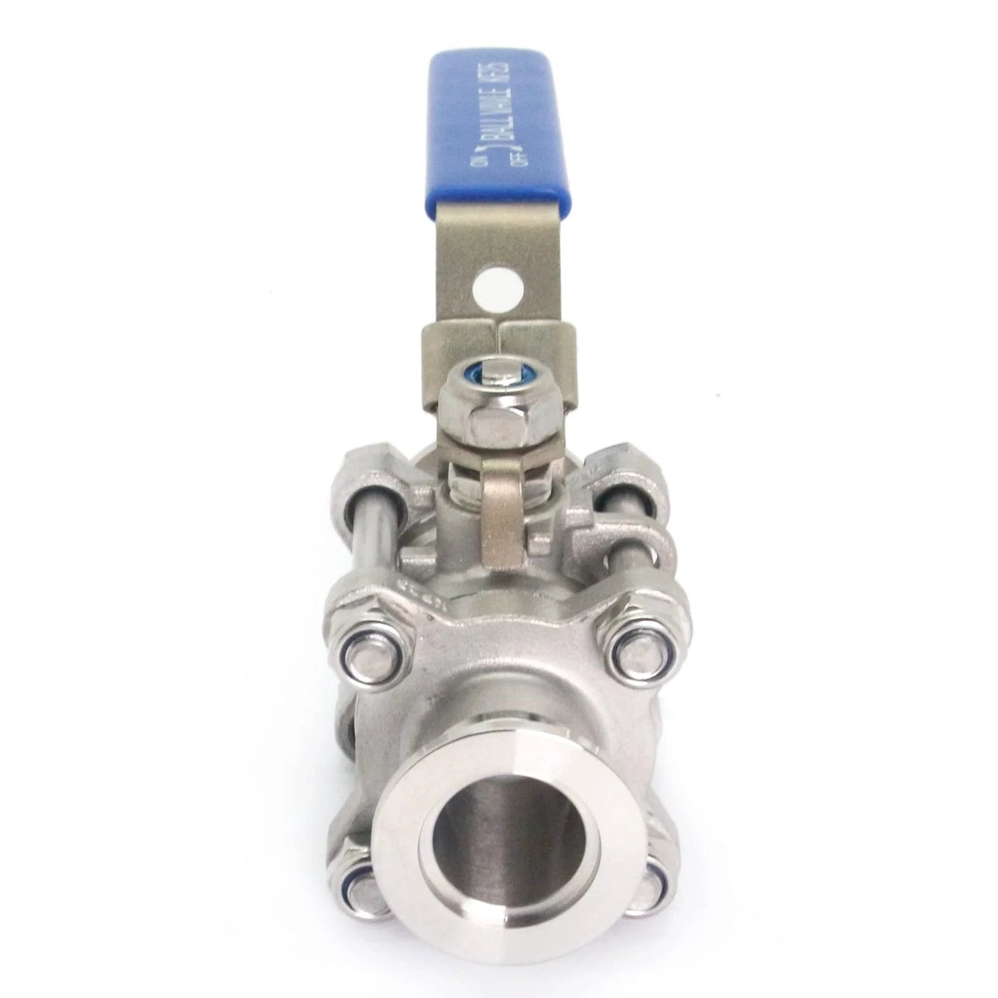 Front view of Stainless Steel 304 Vacuum Ball Valve Clamp With Locking Device KF-25 Tri Clamp, PTFE Seal, serviceable design for pipelines