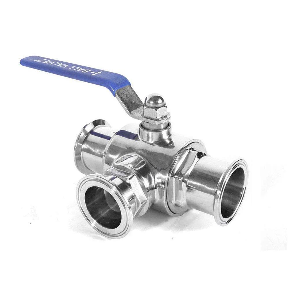 1.5 Inch Tri Clamp Sanitary Ball Valve With 3 Way Tee Port T Port PTFE Lined, Stainless Steel 304 Tri Clover Ferrule And 3 Silicone Gaskets