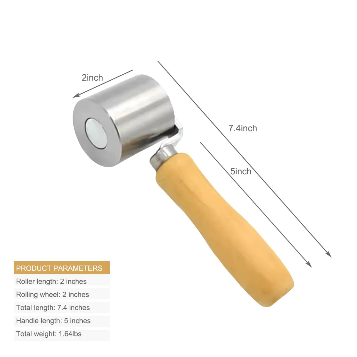 Metal Seam Roller With Wood Handle Stainless Steel Heavy Duty Seven Inch Length Two And A Half Inch Width One Half Inch Handle Diameter Perfect For Eternabond Tape RV Roof Repair Hot Air Welding And Auto Sound Deadening Projects front view