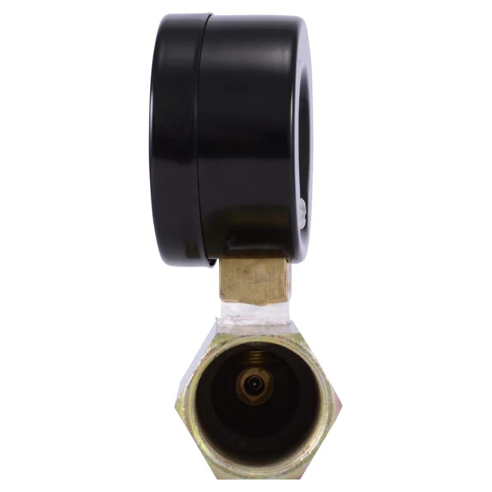 Side view of Three Quarter Inch Push To Connect Pressure Test Kit With Brass Fittings For PEX Copper CPVC Plumbing 0 To 100 PSI Steel Dial Gauge FNPT MNPT Compatible Easy DIY Pressure Test Tool