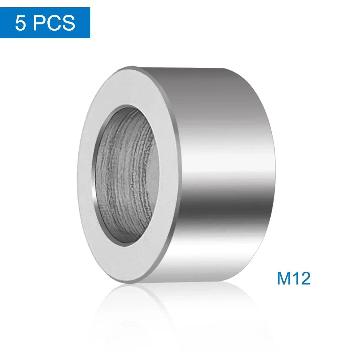 Close-up of Five Pack M12 Aluminum Spacers 12.5 Mm Inner Diameter 20 Mm Outer Diameter 10 Mm Length Unthreaded Standoff Bushings Plain Finish