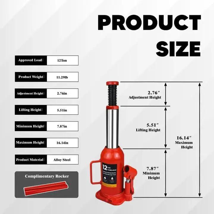12 Ton Hydraulic Bottle Jack With Carrying Case Lift 8 To 15 Inches For Cars RVs, shown with dimensions and features.