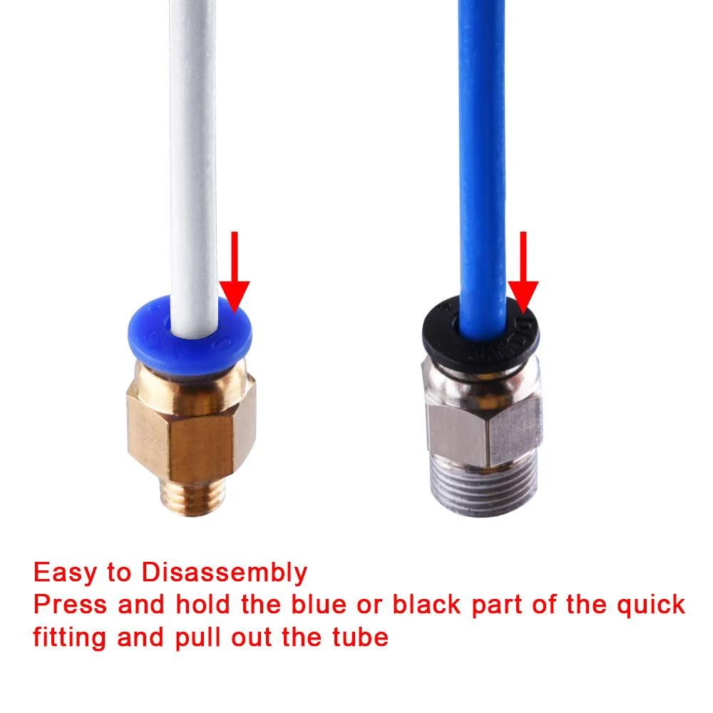 Close-up of PTFE Teflon Tubing Kit for 3D Printers 1.75mm Filament, showing blue and white tubes with PC4 fittings.