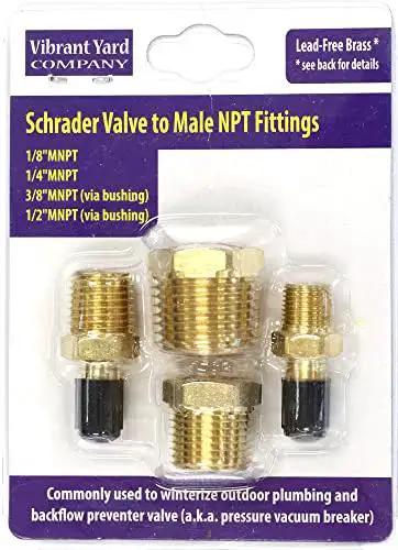 Valve Adapters Kit For Sprinkler Winterization Featuring Schrader Valve To Male NPT Fittings Lead Free Brass on display