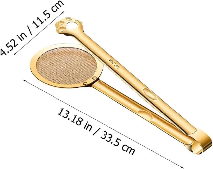 Stainless Steel Oil Strainer Spoon And Frying Oil Filter Clamp With 304 Claw Design, 4.52 x 13.18 in, shown in gold tone.