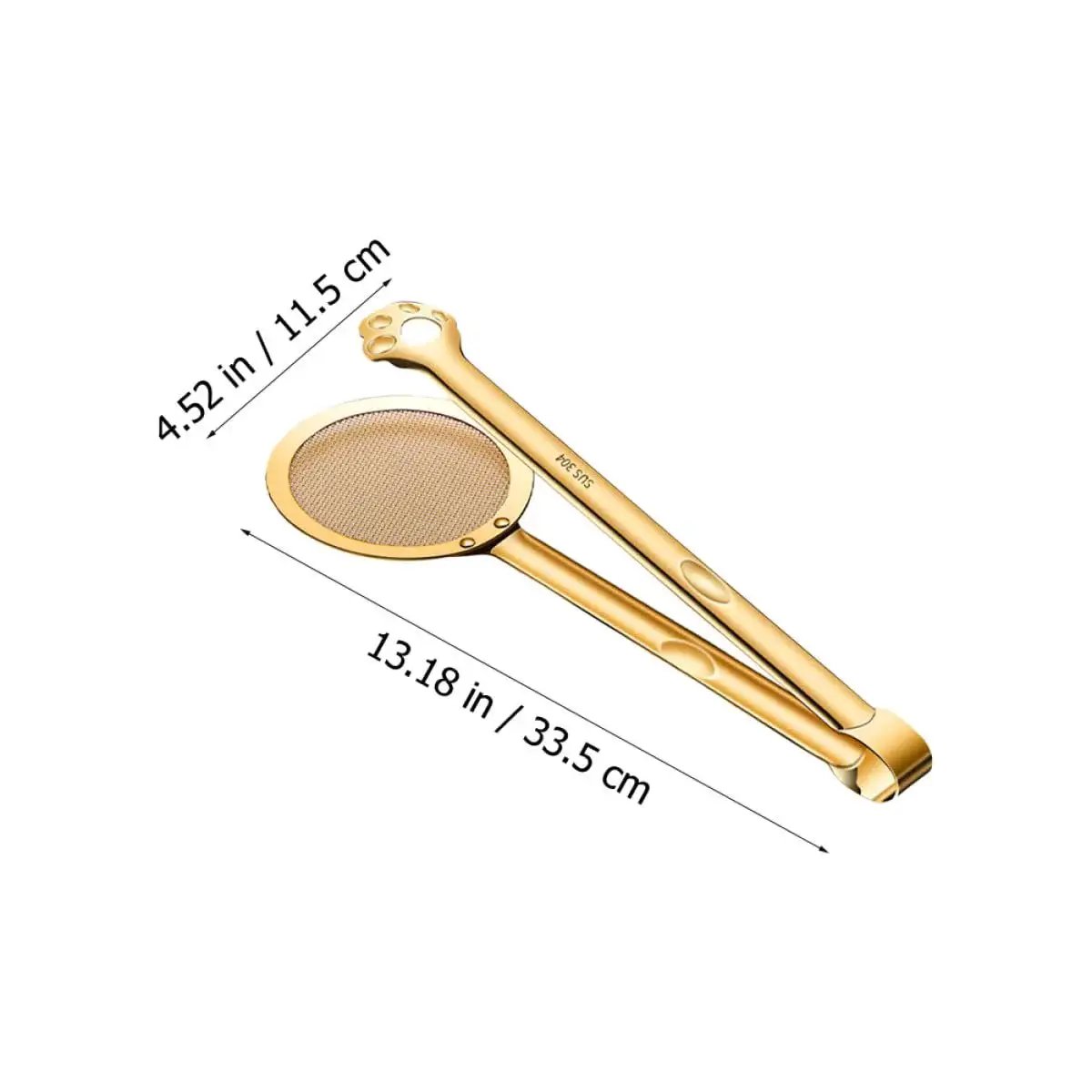 Stainless Steel Oil Strainer Spoon And Frying Oil Filter Clamp With 304 Claw Design showing dimensions, gold finish, ideal for cooking.