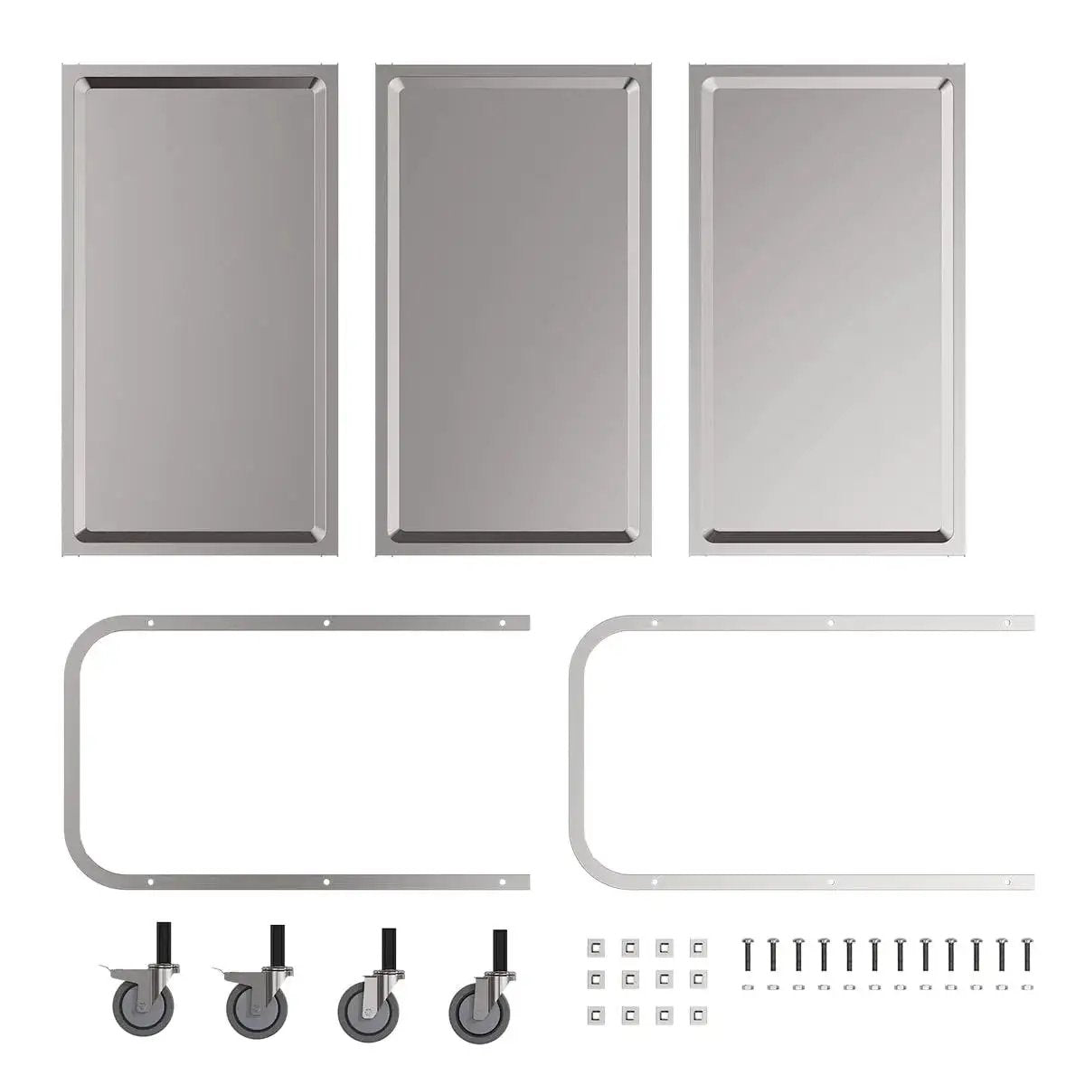 Components of the Three Shelf Stainless Steel Serving Cart With Wheels 400 Lb Capacity 1mm Thick Steel Locking Wheels And 360 Degree Rotation
