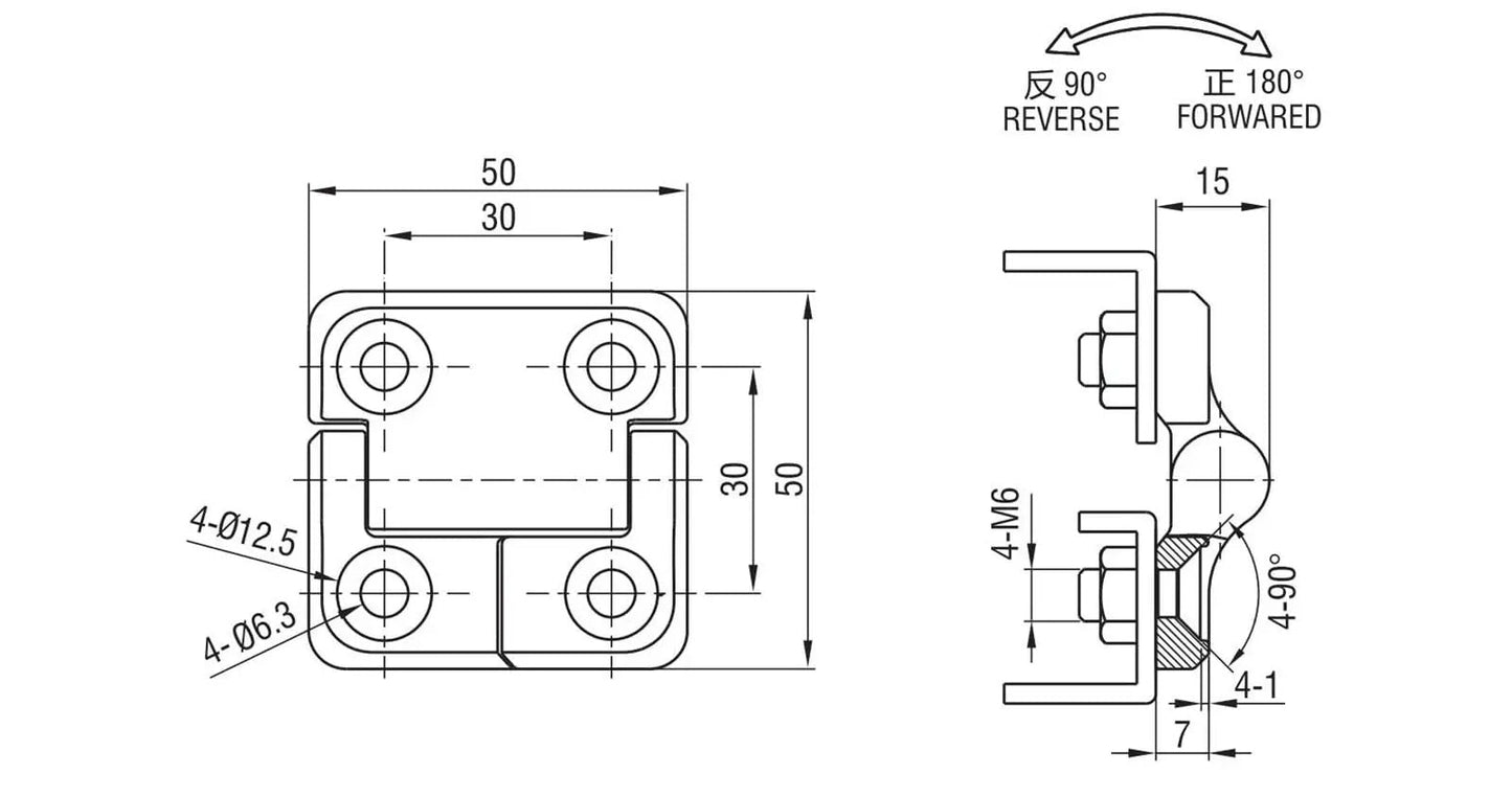 Technical drawing of Heavy Duty Zinc Alloy Torque Hinge Hydraulic With Constant Friction For Gates And Furniture, 50x50 size.