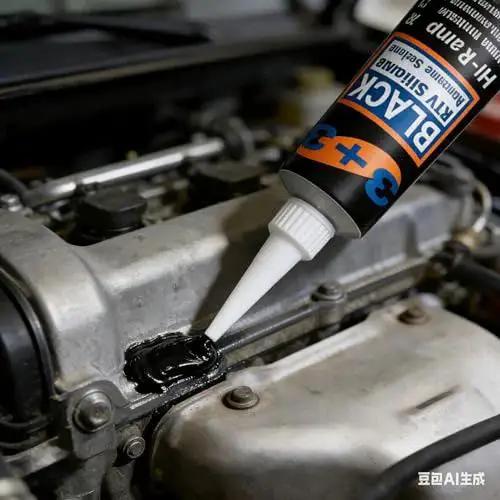 RTV Silicone Gasket Maker High Temp 590F Oil Resistant Black for Engine Oil Pan Valve Cover and Transmission Housing with Non Slump No Drip Application Non Corrosive Fast Cure Professional Formula being applied