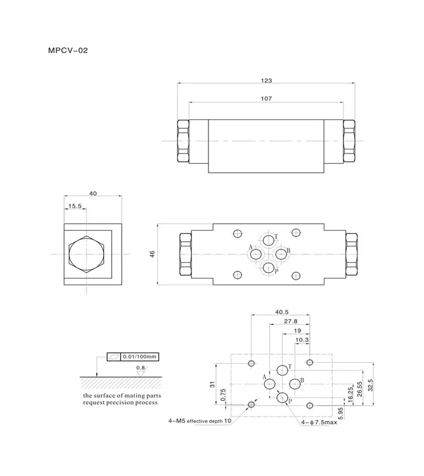 Technical drawing of Heavy Duty Hydraulic Control Check Valve MPCV-02 for solenoid valves and hydraulic fittings with dimensions.