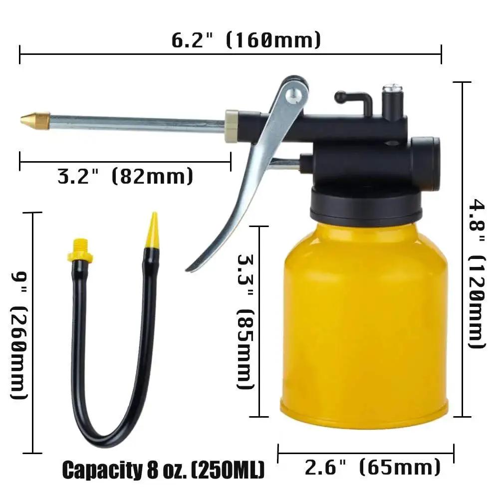 Professional 8 Oz Hand Pump Oil Can With Metal Construction And Long Flexible Spout For Precise Lubrication, yellow body