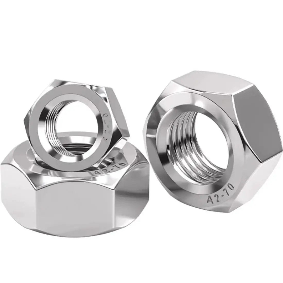 Close-up of hex nuts showing internal threading and hexagonal shape in stainless steel; unrelated to M8 Stainless Steel Double End Studs Hex Head With Right And Left Hand Threads.
