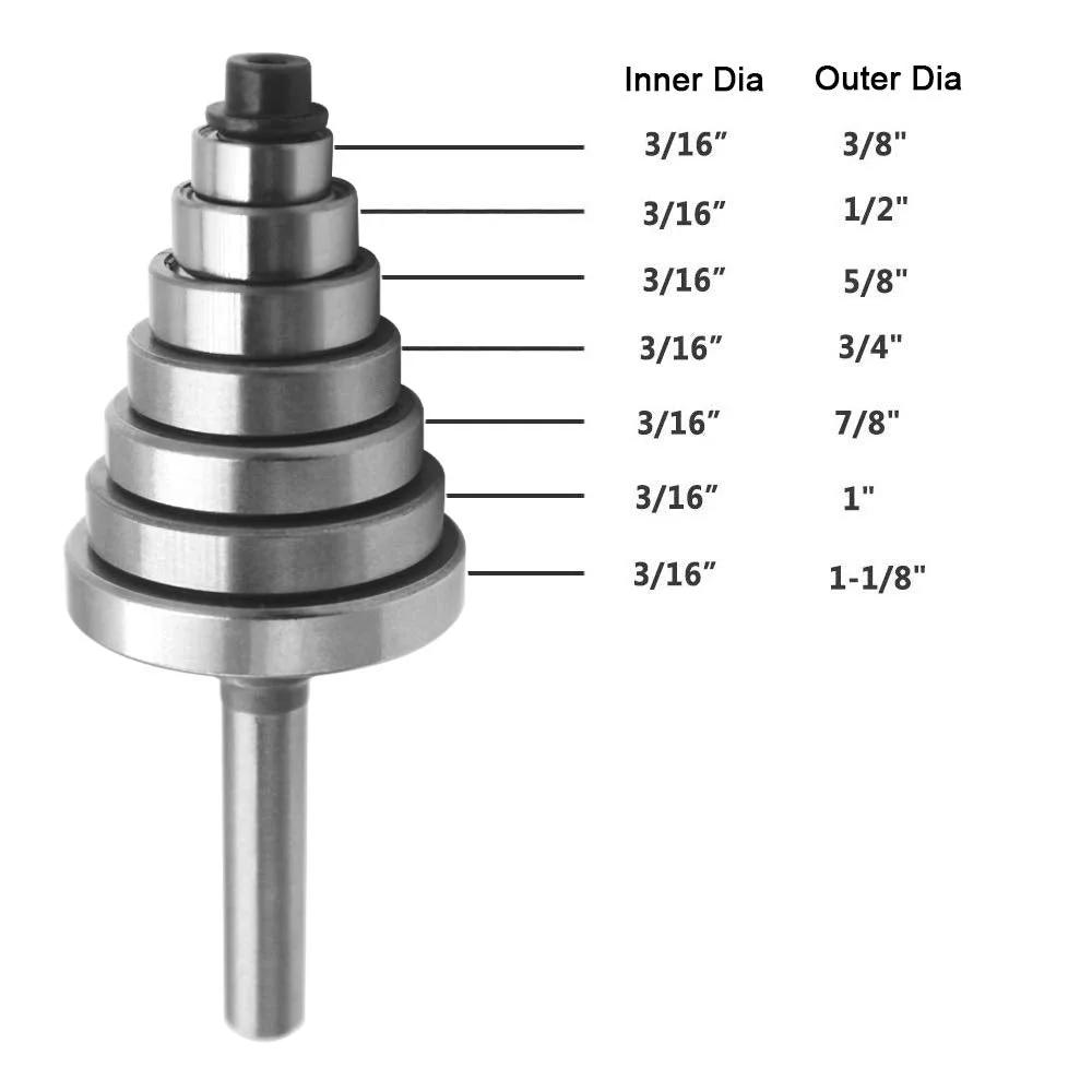 Rabbet Router Bit Bearing Replacement Kit With Seven Top Mounted Bearings For Depth Control And Quick Swaps Includes Inner Diameter Three Sixteenths Inch And Outer Diameters Up To One And One Eighth Inches Plus Hex Keys And Screws Wolfride.