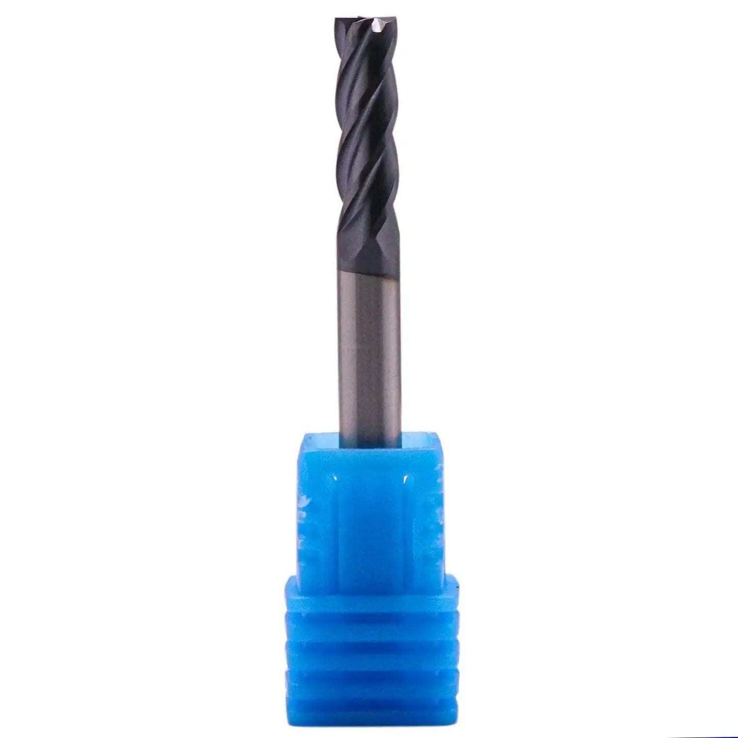 Heavy Duty 5 Piece Solid Carbide End Mills Set AlTiN Coated Square End Mills 4 Flute 30 Degree Helix, visible in blue holder.