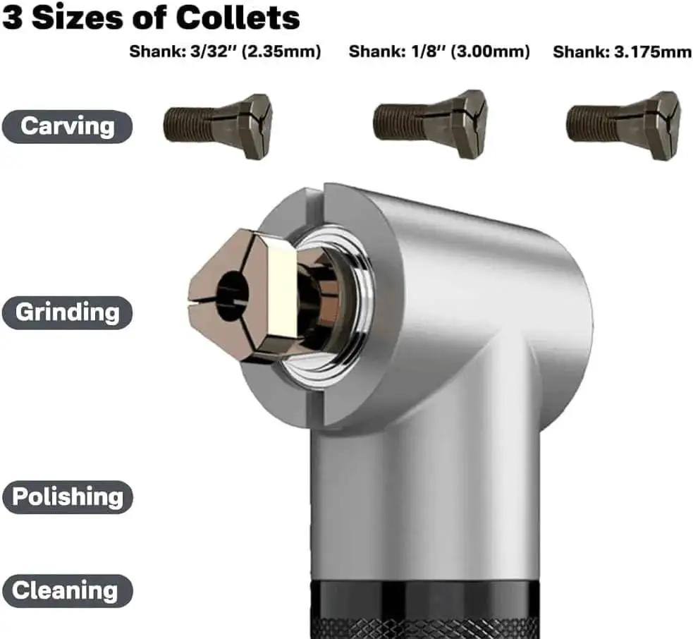 Close-up of collet options for Beast 550W Corded Die Grinder Sander Polisher, showing 3 sizes for contour grinding and polishing.