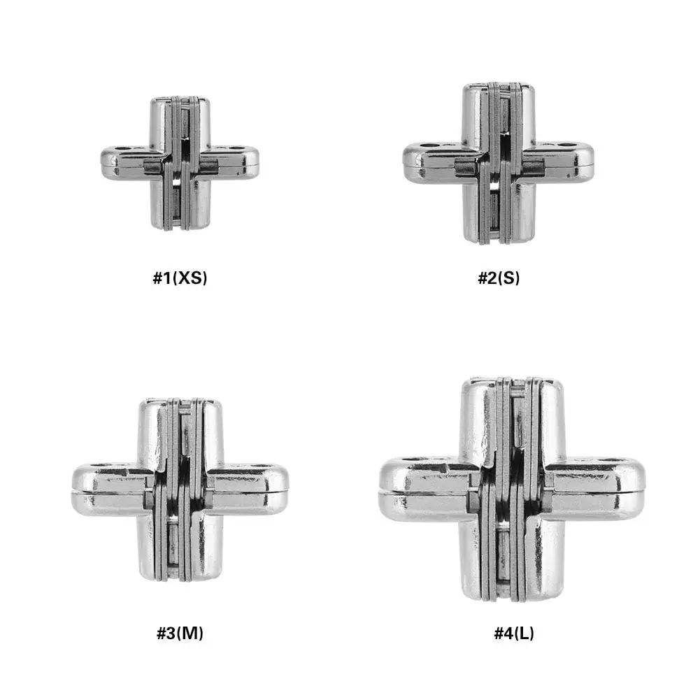 Two Pack 180 Degree Hidden Door Hinges Zinc Alloy Invisible Concealed Cross Hinge for Cabinets Showing XS, S, M, L Sizes