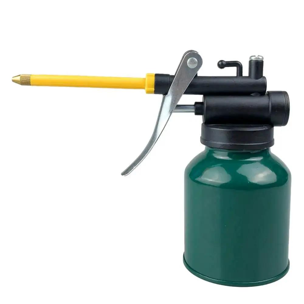 Front view of Green Metal Pistol Pump Oil Can With Long Flexible 9 Inch Spout And 3 Inch Straight Spout 8 Ounce Oil Oiler
