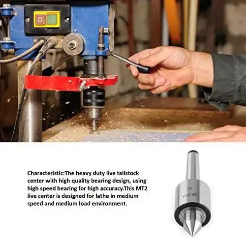 MT2 Morse Taper Live Center for Wood Lathe Heavy Duty Tailstock Live Center with 60 Degree Point T10 Steel Cone Triple Bearing in use on drill press