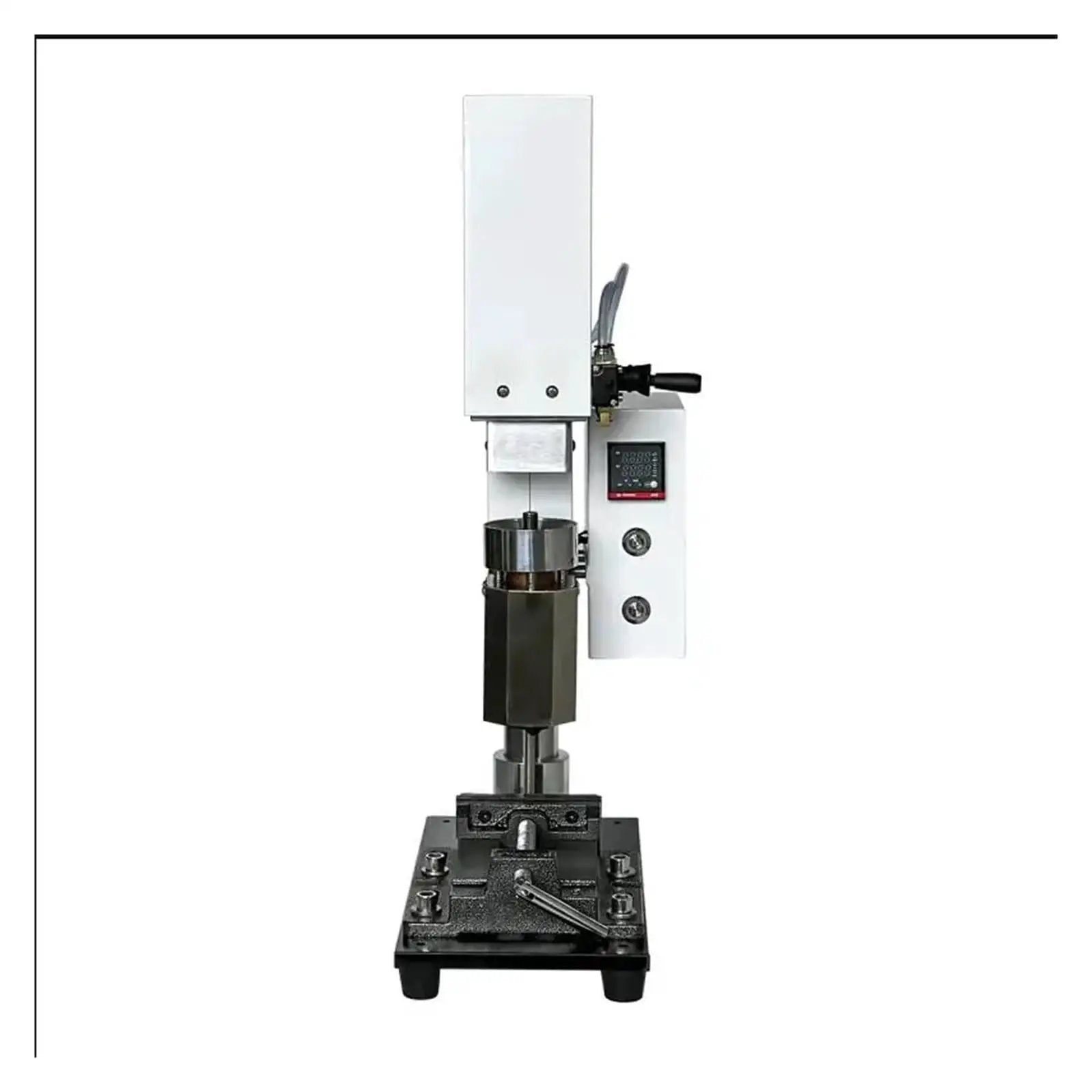 Front view of the Vertical Injection Molding Machine 30g for laboratory use with pneumatic operation, showing control panel and mold setup.