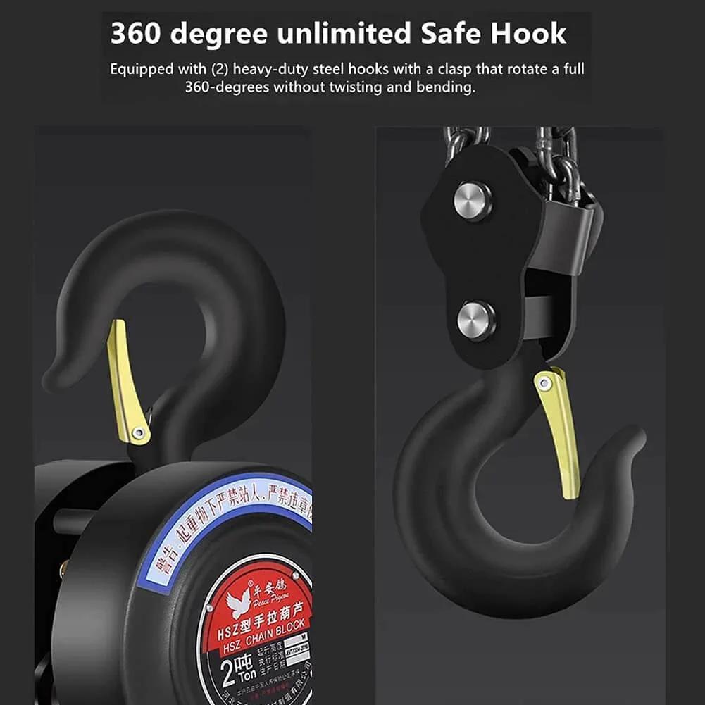 Manual Chain Hoist 1 Ton Capacity With 10 Ft Lift And 2 Hooks close-up view showing 360° rotating hooks and security latch