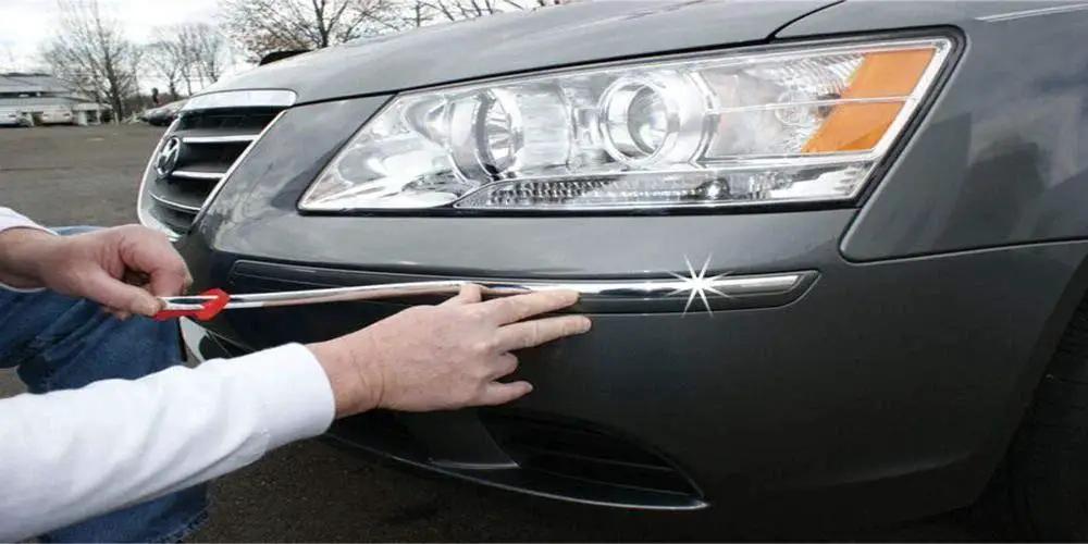 Installing Universal Vehicle Body Molding Trim One Half Inch Wide 18 Feet Chrome Finish UV on a car bumper