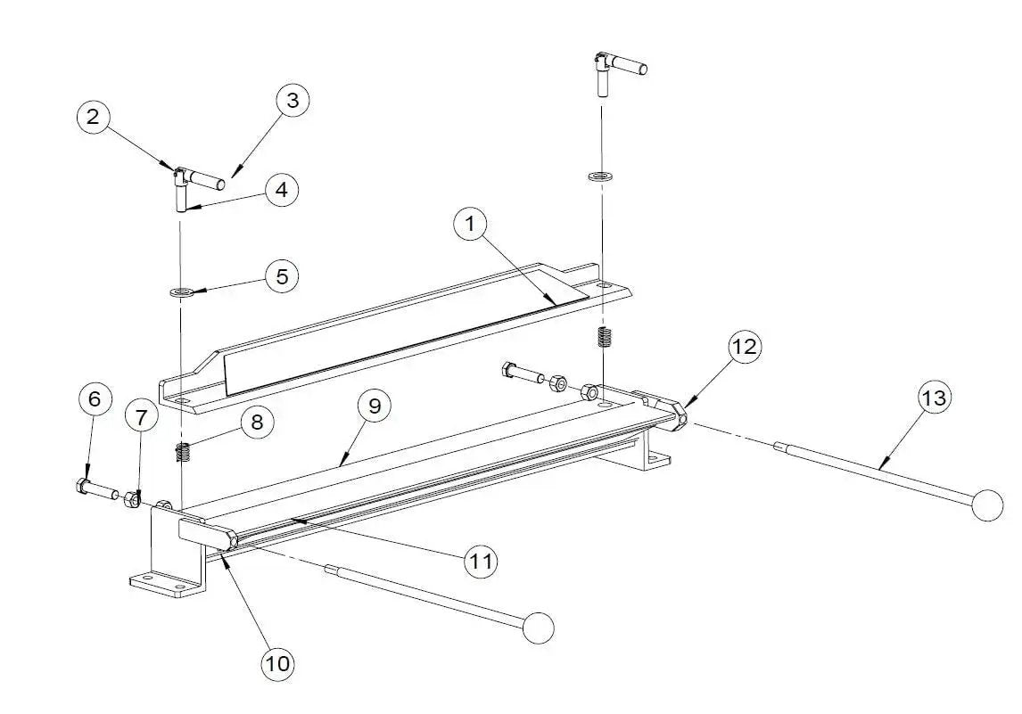 Exploded view of Heavy Duty 28 Inch Sheet Metal Brake for Steel and Aluminum Bending With 0 to 135 Degree Range 730mm Wide Capacity Handles 1.2mm Mild Steel and 1.5mm Aluminum 18 Gauge Steel Metal Folder for DIY and Professional Shops KastForce KF5002.
