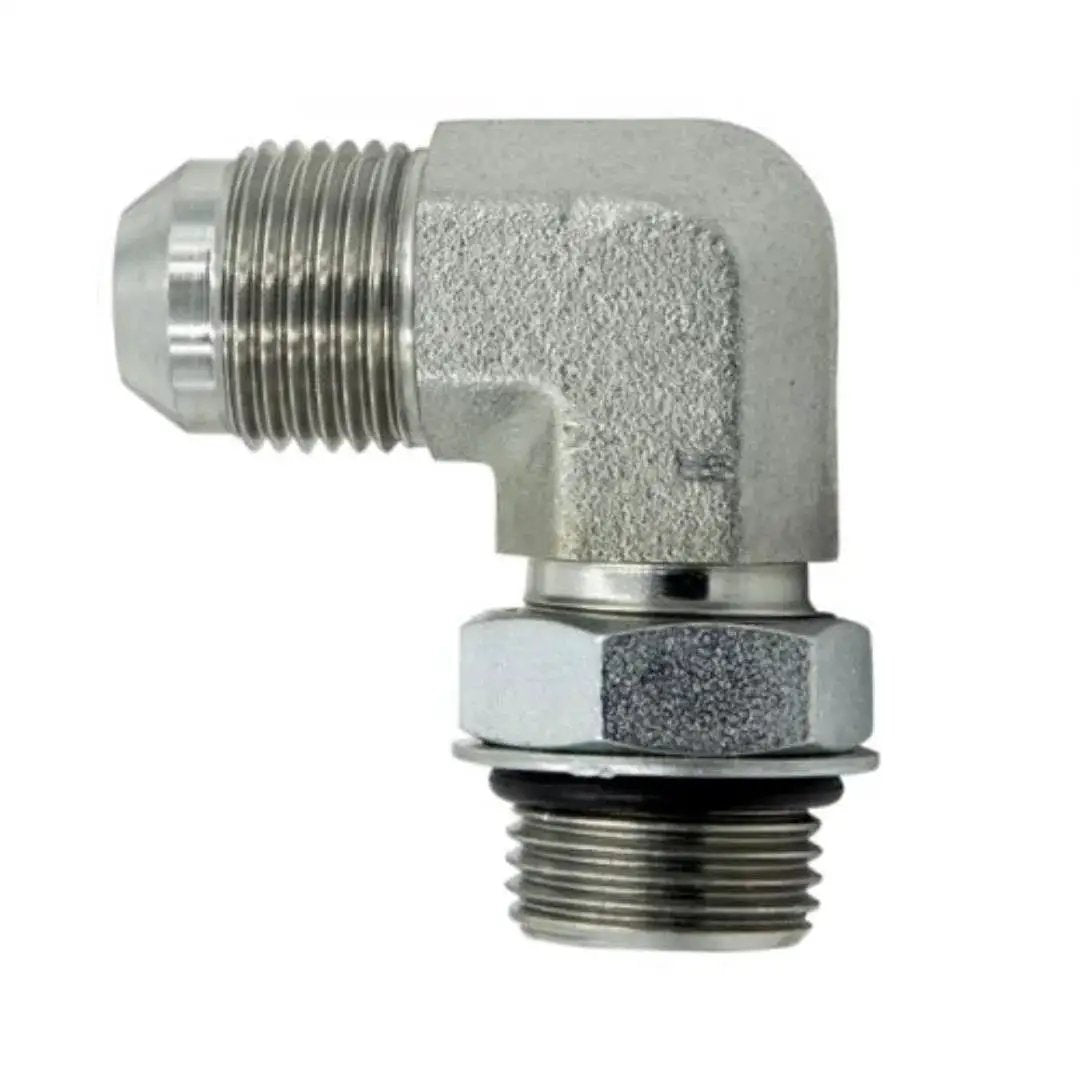 One Quarter Inch JIC Male and Six SAE ORB Male Corner Elbow Hydraulic Adapters Fitting Five Pack for Fluid Power Systems Carbon Steel