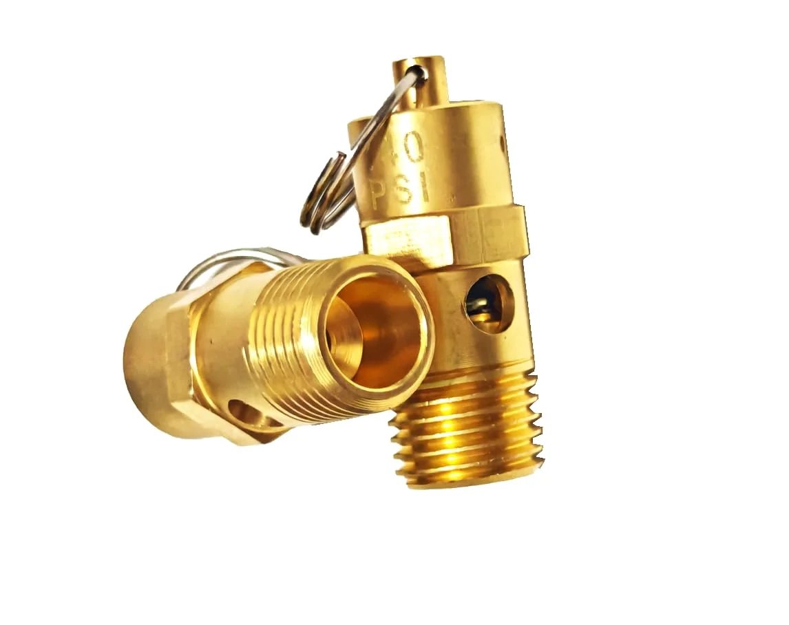 Close-up of 2 Pack 30 PSI One Quarter Inch NPT Air Compressor Safety Relief Valve Brass Body With Stainless Steel Spring
