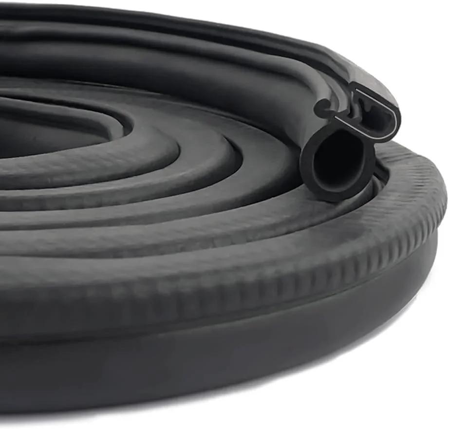 Close-up of Car Door Weather Stripping 20Ft U Shaped Rubber Edge Trim with Steel Strip Sealer, rolled and black in color
