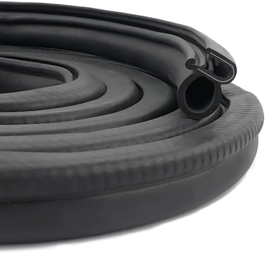 Close-up of Car Door Weather Stripping 20Ft U Shaped Rubber Edge Trim with Steel Strip Sealer, rolled and black in color