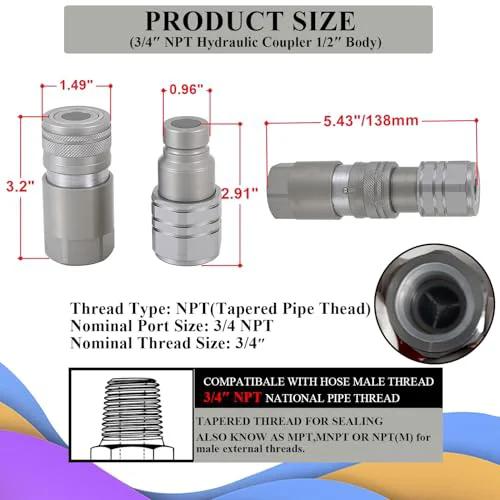 Heavy Duty Three Quarters Inch NPT Hydraulic Quick Connect Coupler Flat Face Fitting for Bobcat Skid Steer and John Deere ISO 16028
