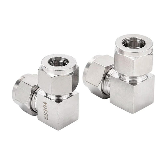 Heavy Duty 304 Stainless Steel Compression Tube Fitting 90 Degree Elbow For Tubing To Pipe Three Eighths Inch OD Twin Ferrule