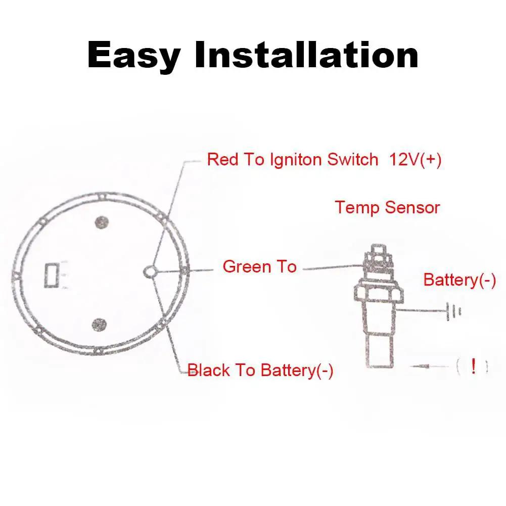 Easy installation diagram for 2 Inch Water Temperature Gauge 52mm Backlit Sensor For Car Truck Marine DC12V showing wiring setup.