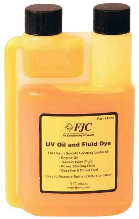 UV Dye 8 Oz Leak Detection For Oil Transmissions Fuel Power Steering in yellow dual-chamber bottle