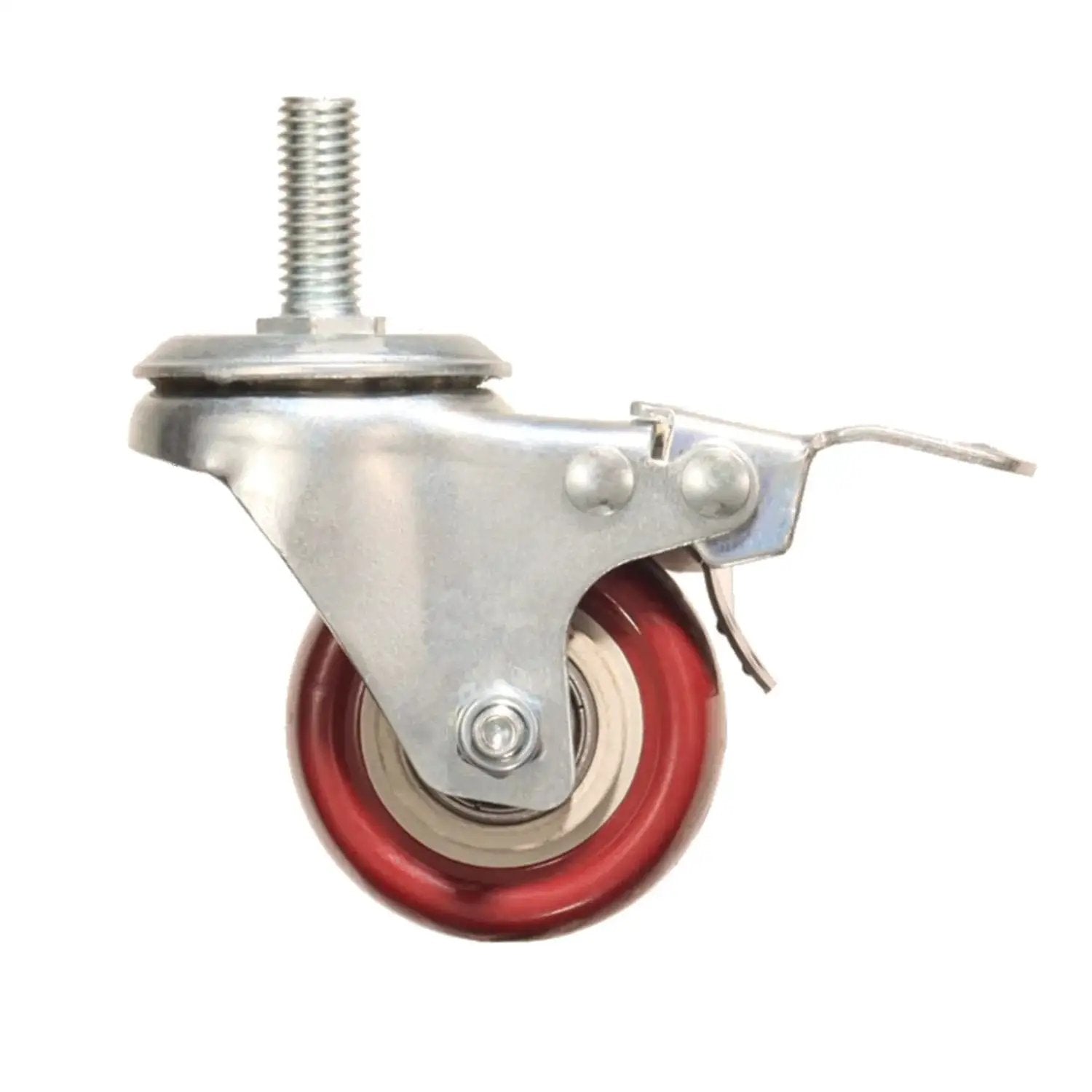 Side view of Heavy Duty Swivel Stem Castors With Red PU Wheels Double Locking Quiet Smooth Non Marking Floor Safe Load Capacity 800-1000 Lb