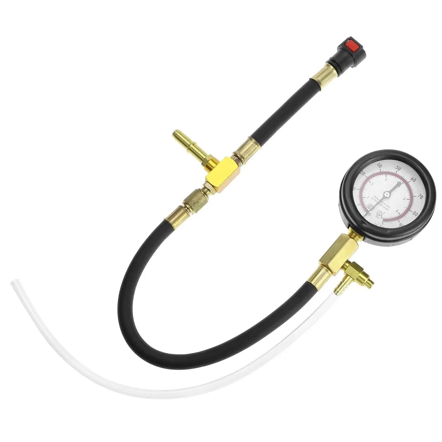 Universal Fuel Pressure Test Kit With Dual Gauge 0 To 7 Bar 0 To 100 PSI with brass adapters and black hose.