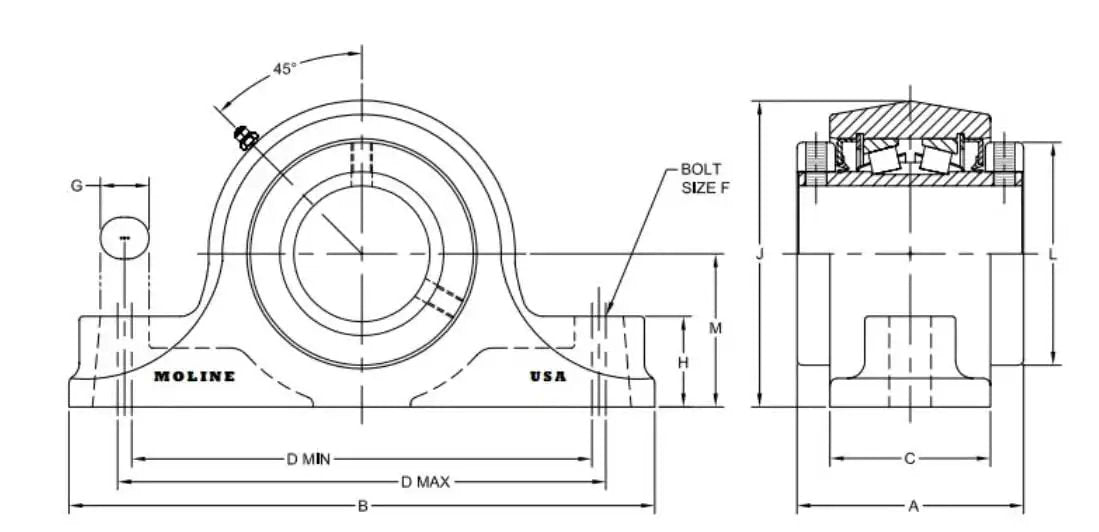 Technical drawing of Heavy Duty Type E Workhorse Pillow Block Bearing 1-15/16 Inch Two Bolt With Double Taper Roller Bearings Replacement