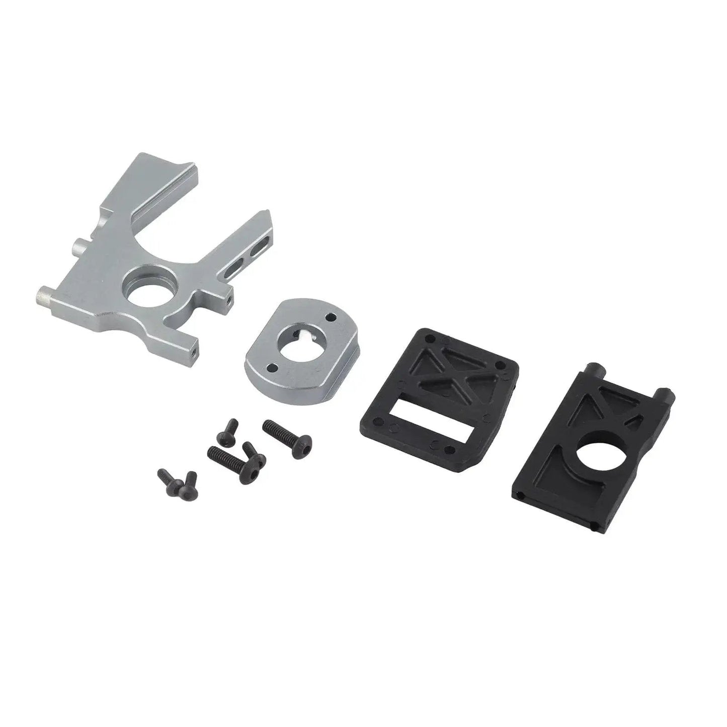 One Eighth Scale RC Brushless Motor Mounting Kit parts with sturdy motor base, screws, and fixed mount for electric RC cars.
