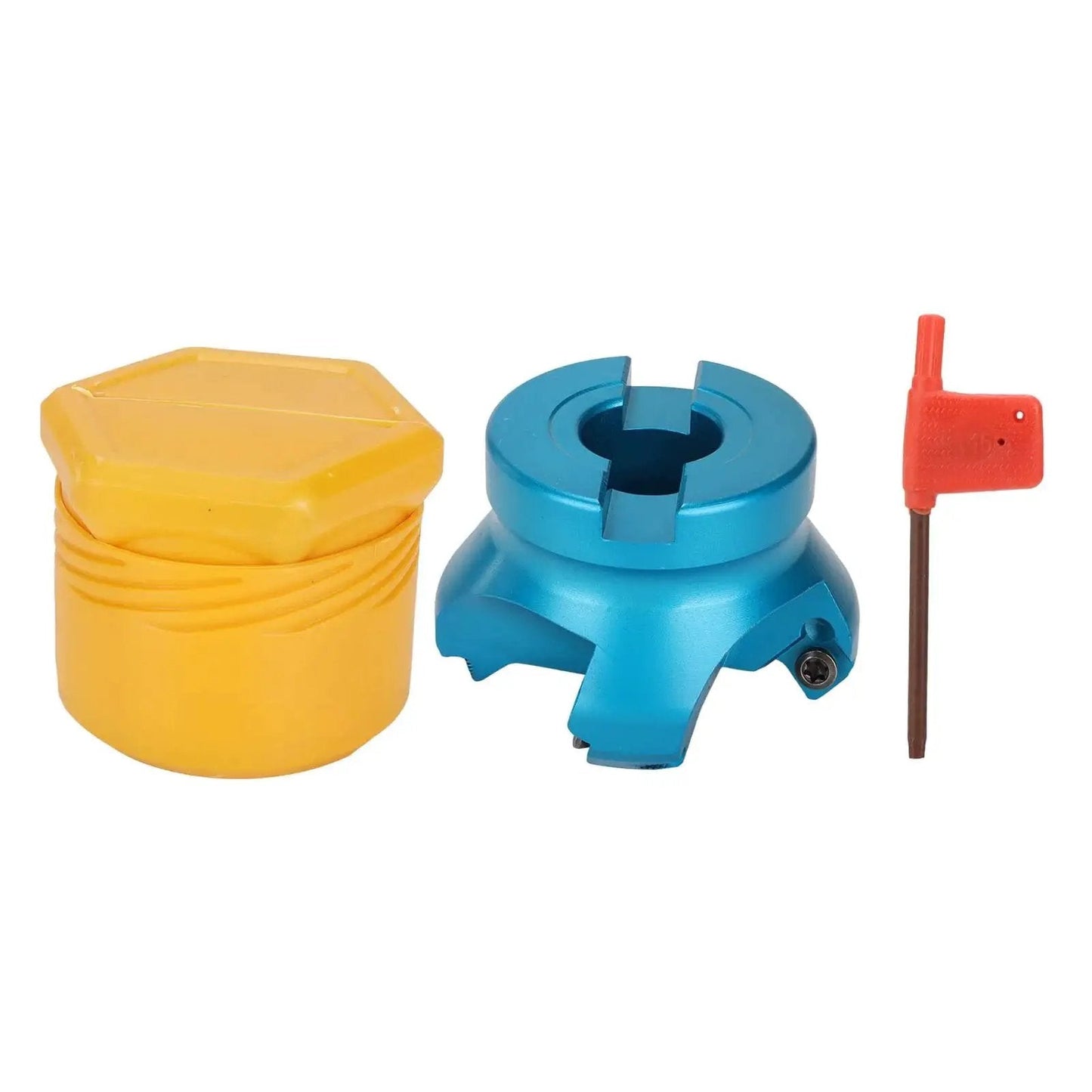CNC Lathe Face Mill With 4 Flutes Pro Grade High Efficiency Milling Cutter For Aluminum Alloy Face Mill Head With Beefy Helical Offset Design For Precision Metal Machining Everyday. Blue aluminum head, yellow case, and tool set.