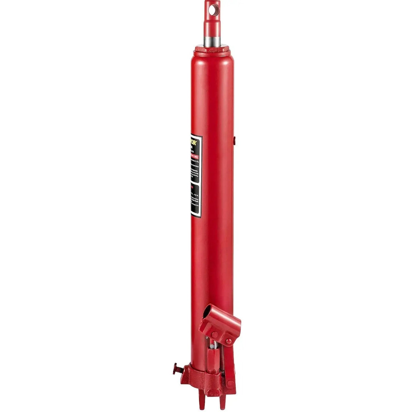 8 Ton Hydraulic Long Ram Jack With Clevis Base for Engine Hoists and Cranes, red metal, side view