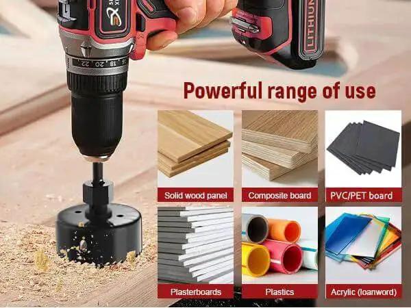 Twelve-Piece Hole Saw Kit With Eight Sizes From Three-Quarters Inch To Two And A Half Inches Including Arbors, Drill Bits, And Hex Key in use on wood