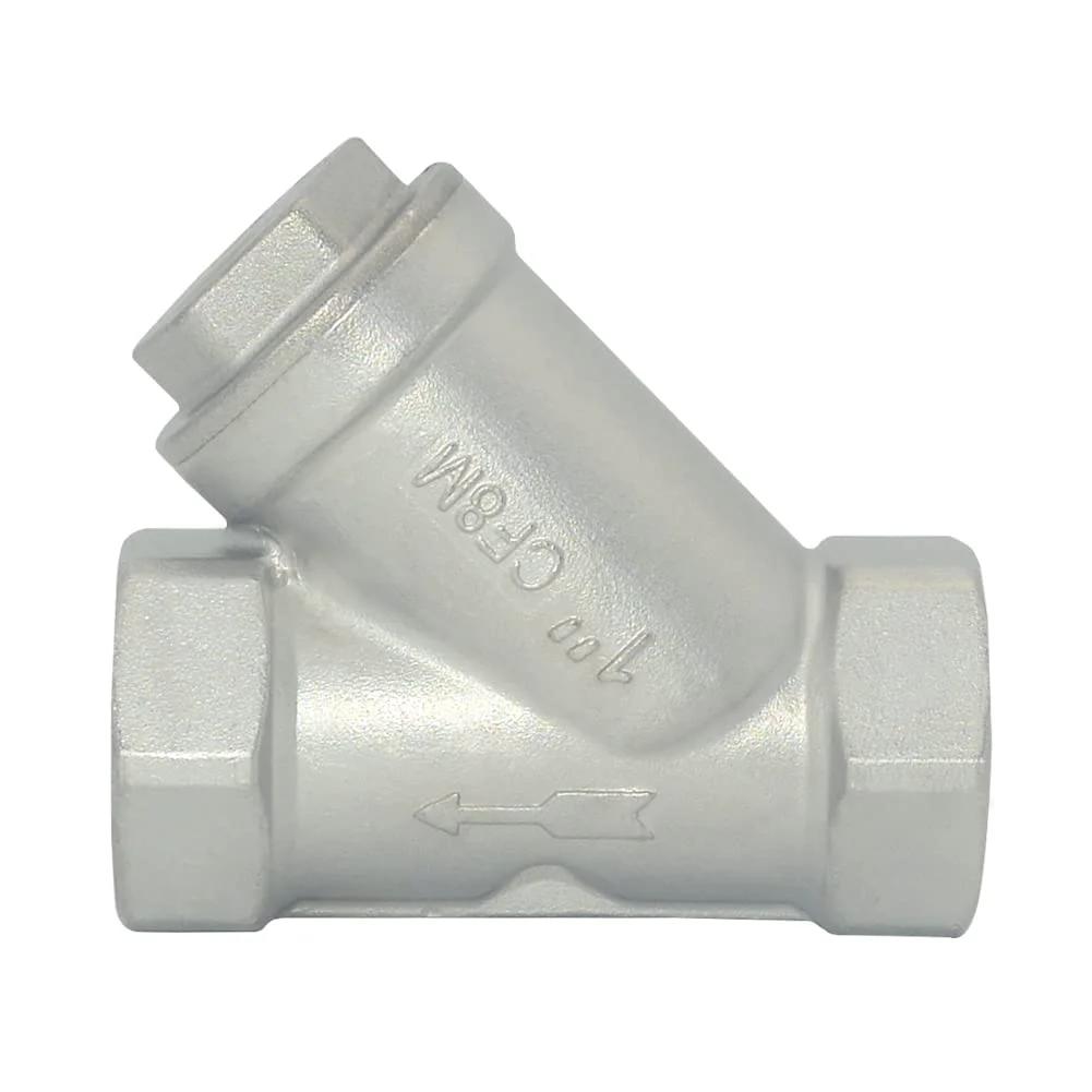 Side view of One Inch Heavy Duty Wye Strainer Mesh Filter Valve With 800 WOG Rating Y Spring Check NPT Female Port Stainless Steel SS316 CF8M