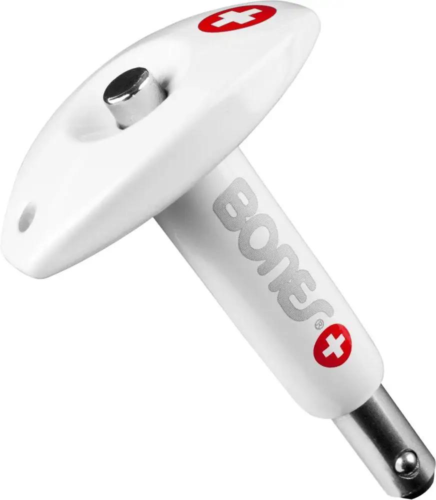 Swiss Bearing Press And Puller Tool For 8mm Skateboard Bearings Designed In The USA By Pro Riders, white and red handle, side view