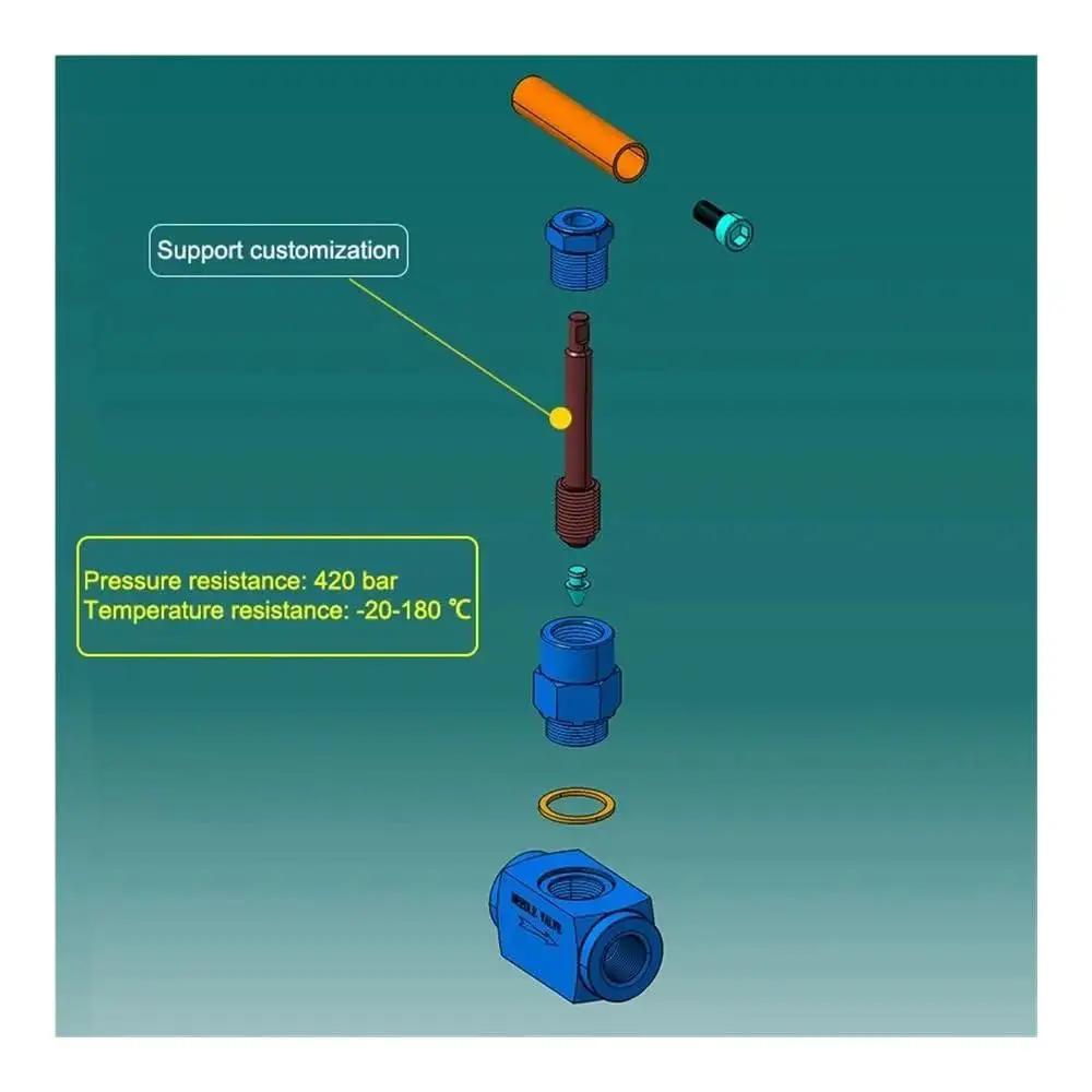 Exploded view of High Pressure Needle Valve Made From 304 316L Stainless Steel Through Plate Type With Female Threads For Instrumentation Systems.
