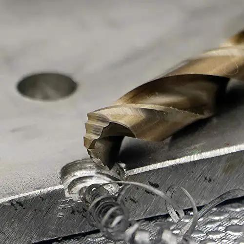 Close-up of M42 8% Cobalt Twist Drill Bits Set, 19 Pcs, 1mm To 10mm, For Stainless Steel And Hard Metals, 68 To 70 HRC Hardness in use